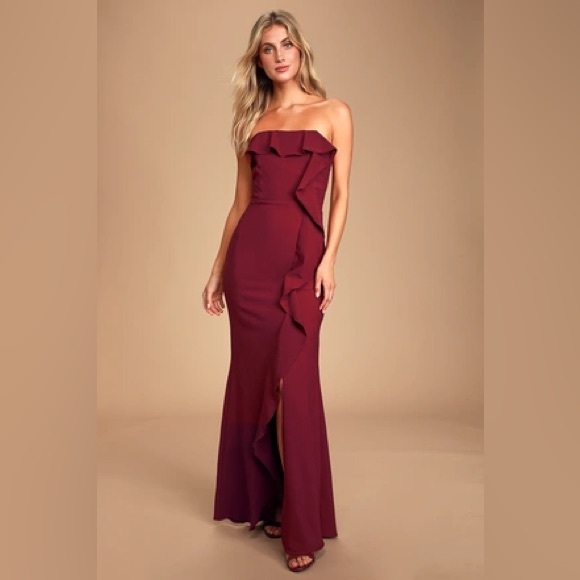 Lulus Burgundy Ruffled Strapless Maxi Dress with Slit - Picture 3 of 4
